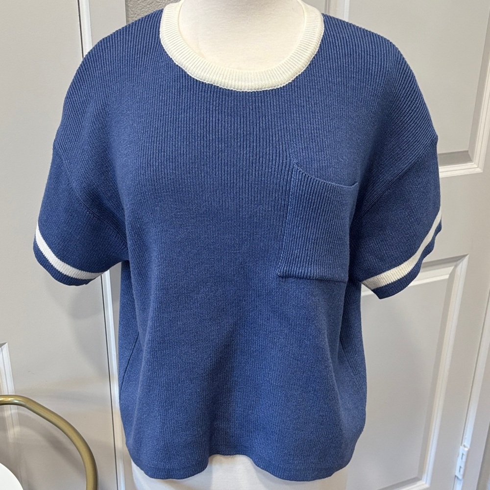 EUC Maeve Navy and White Knit Top